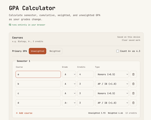 An online GPA calculator with fields for class names, grades, credits, and a calculate button.