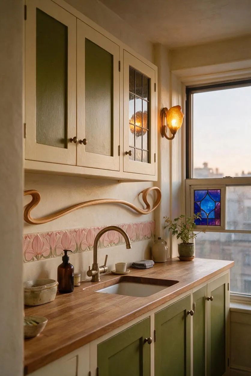 A narrow kitchen with cream upper cabinets and olive-green lower cabinets, a butcher-block countertop, and a brass faucet over a single sink. Art Nouveau details include a pink floral tile border, a flowing wooden wall accent, a stained-glass cabinet panel, and a glowing amber wall sconce beside a large window.