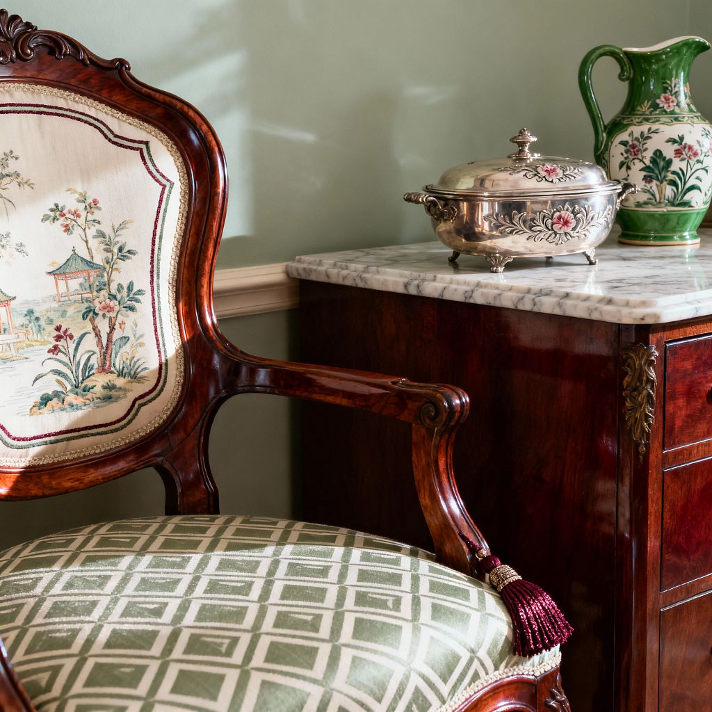 Close-up of a traditional dining room corner with a carved mahogany chair featuring chinoiserie upholstery on the back and a pale green lattice seat, finished with a red tassel. Next to it stands a deep mahogany sideboard with gilt accents and a white-gray marble top holding a silver lidded tureen and a green-and-white hand-painted ceramic pitcher. The walls are sage with a cream chair rail, softly lit by natural daylight.
