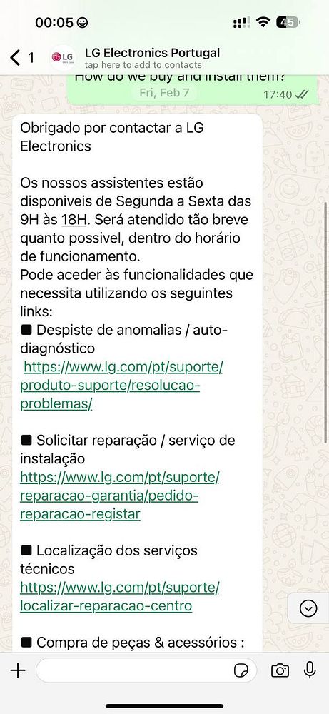 A WhatsApp conversation with LG Electronics Portugal regarding air conditioning units and their availability.