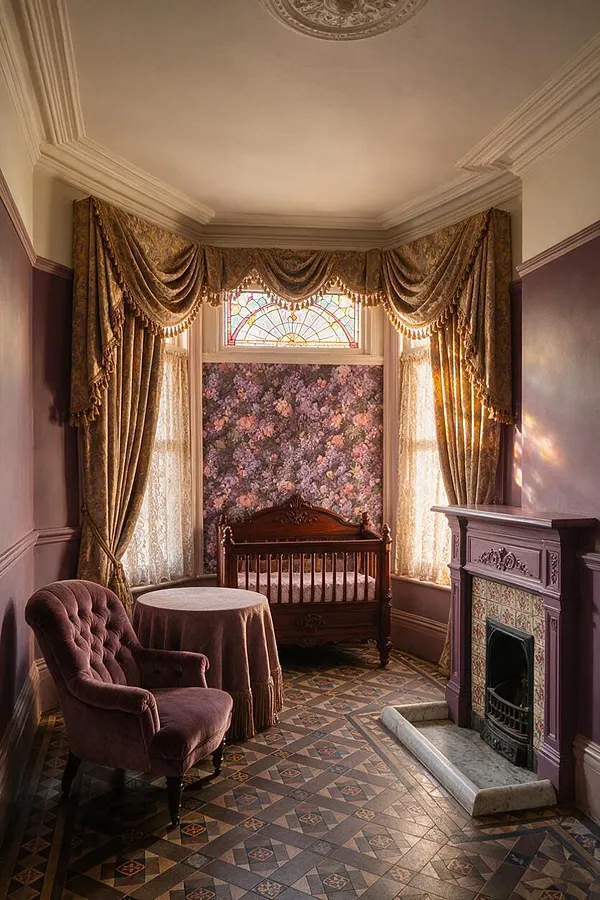 A Victorian-style nursery with deep plum walls, a carved wooden crib centered beneath a stained-glass transom, and richly patterned floral drapes framing tall bay windows. The room includes a tufted velvet armchair, a small round table, a decorative purple fireplace, and a geometric tiled floor in muted earth tones.