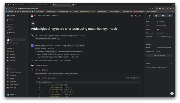 The image displays a code review interface for a project related to keyboard shortcuts in a React application.