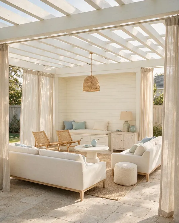 A sunlit backyard lounge under a white pergola with sheer curtains, cream upholstered sofas, woven rattan chairs, and a round white coffee table. Natural textures, soft blue accents, and pale wood tones create a relaxed coastal outdoor living space.