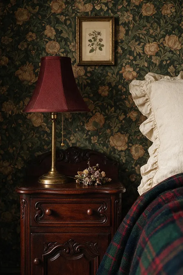 A moody Dark Academia bedroom vignette featuring a carved dark wood nightstand with a burgundy table lamp, a small dried floral arrangement, and a framed botanical print on richly patterned floral wallpaper. At the right edge, a cream ruffled pillow and a plaid blanket add soft, layered texture.