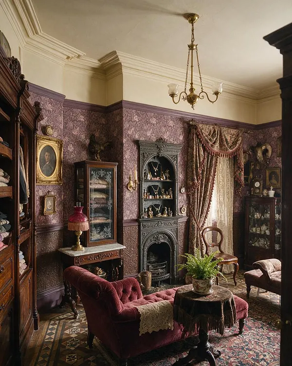 A richly decorated Victorian closet with purple floral wallpaper, carved wood cabinetry, and a decorative cast-iron fireplace. The room includes a burgundy tufted chaise, antique chairs, framed portraits, lace and velvet drapery, glass display cabinets, and a brass chandelier overhead.
