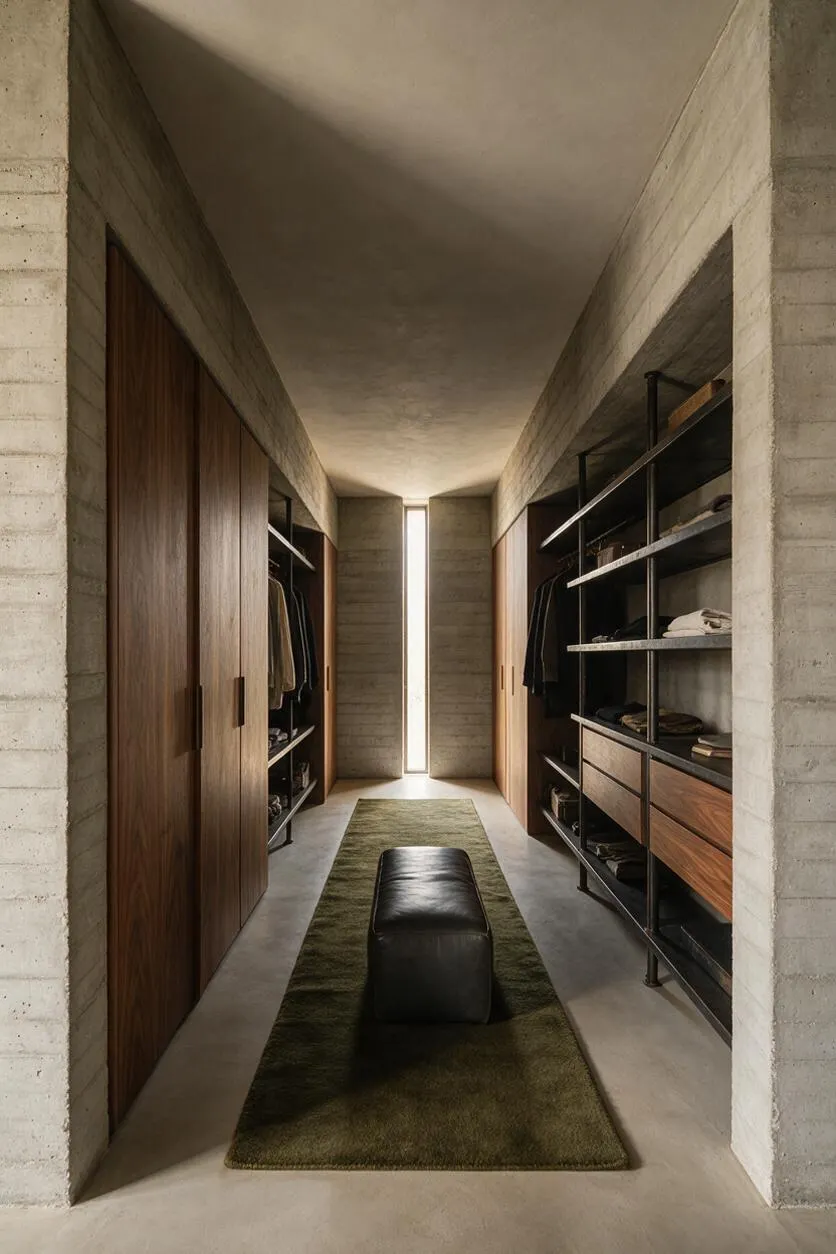 A narrow walk-in closet with exposed concrete walls and a smooth concrete floor, lined with dark walnut cabinetry and open black metal shelving. A slim vertical window at the back brings in soft daylight, while a green runner and black leather bench add contrast down the center.