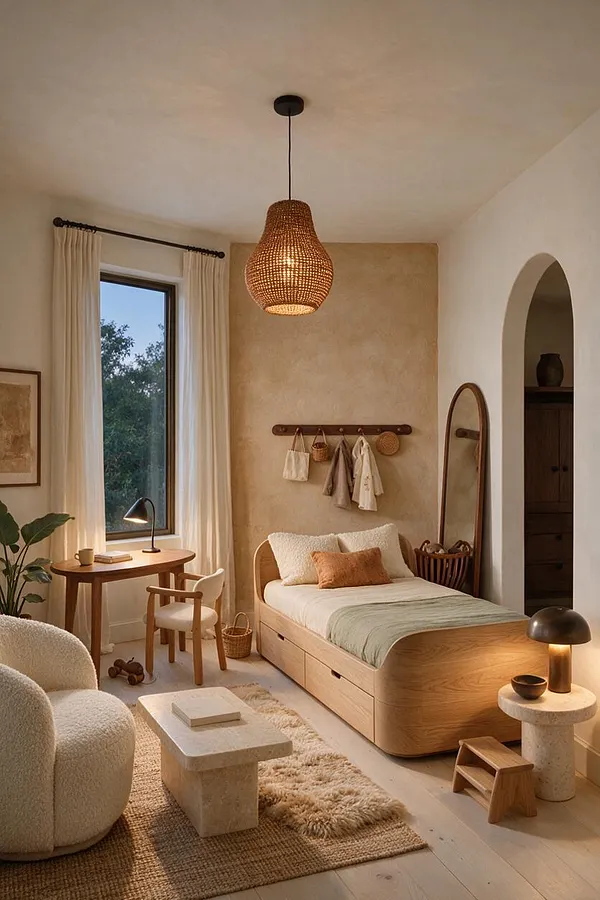 A cozy kids' room with a light wood bed, woven pendant light, neutral walls, and a window dressed with cream curtains. The room includes a small wooden desk and chair, textured rugs, a leaning floor mirror, and soft natural decor in warm beige and oak tones.