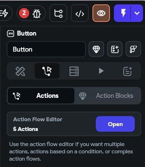 The image displays a user interface for a button configuration in Flutterflow.