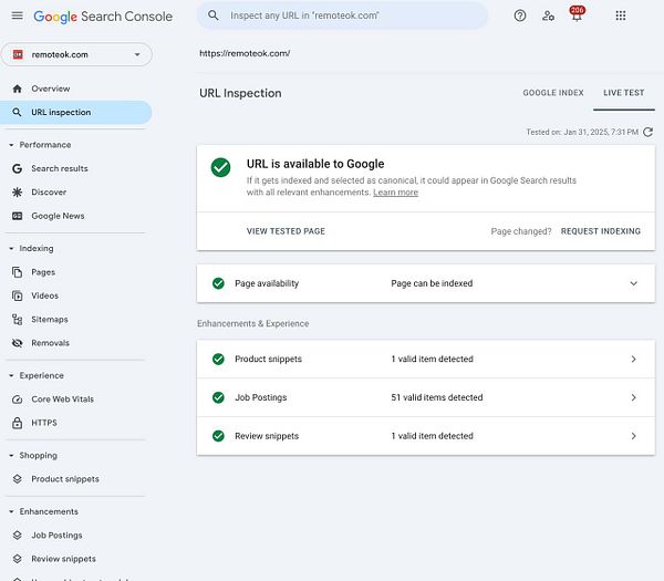 The image displays a Google Search Console interface showing the URL inspection results for 'remoteok.com'.