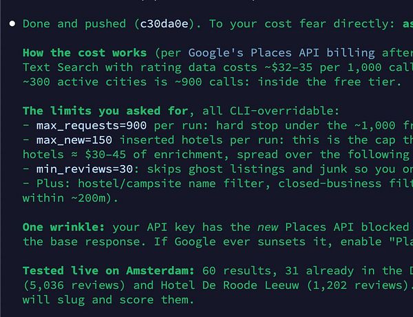 Screenshot of a Google Places API result for hotels in Madrid, showing detailed JSON data in an API testing interface.
