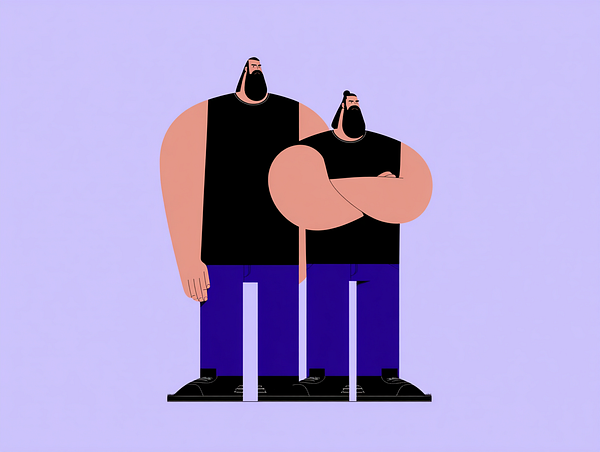 Two stylized cartoon characters stand side by side against a light purple background.