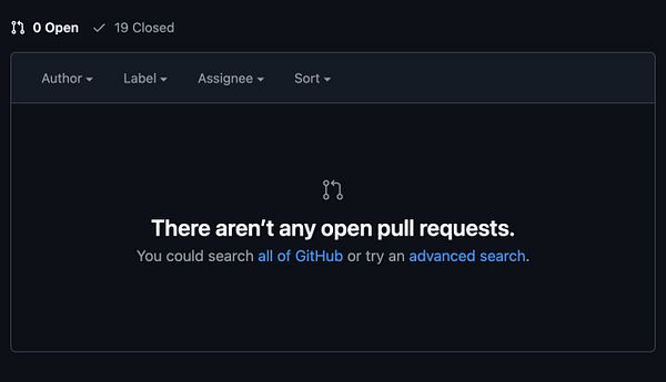 Screenshot of GitHub repository issues and pull requests tab showing zero open items and a completion status indicator.