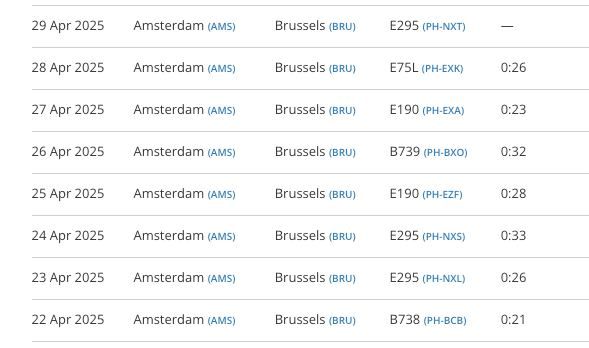 A flight schedule table listing various flights from Amsterdam to Brussels.