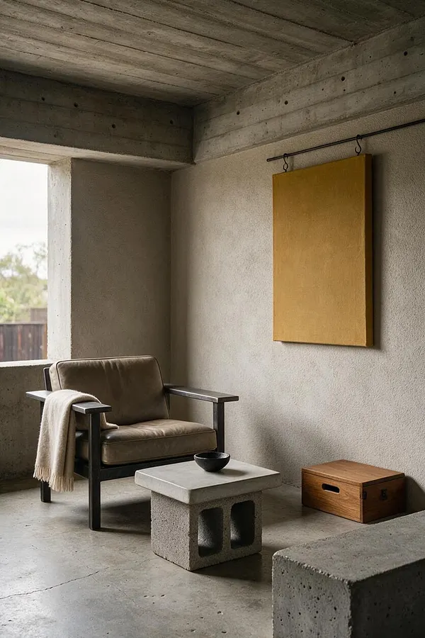 A brutalist front porch with exposed concrete ceiling, walls, and floor, softened by a low lounge chair with a taupe cushion and a cream throw. A sculptural concrete block table sits in front, with a small wooden box and a mustard-toned wall hanging adding warmth to the otherwise neutral, raw space.
