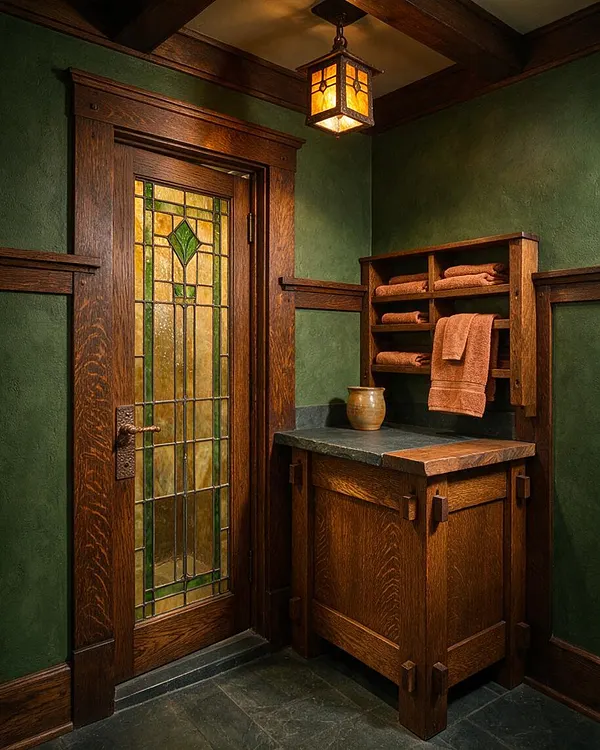 A compact Craftsman-style bathroom with deep green textured walls, dark wood trim, and a matching oak vanity. A stained glass door with amber and green panes adds decorative detail, while a warm lantern light hangs from the ceiling above slate flooring and folded towels on open shelving.