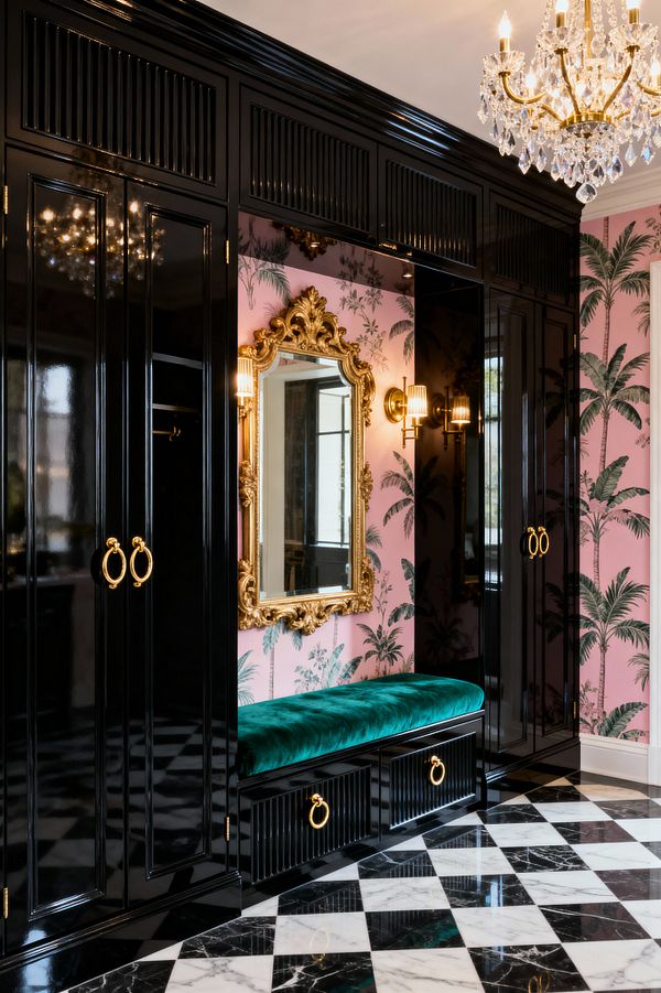 A Hollywood Regency mudroom with glossy black lacquer cabinetry featuring brass ring pulls and a built-in bench upholstered in emerald green velvet. Pink palm-patterned wallpaper backs an ornate gilded mirror flanked by ribbed-glass brass sconces, while a crystal chandelier sparkles above a diagonally laid black-and-white marble checkerboard floor; louvered upper panels and reeded drawer fronts add texture and sheen.