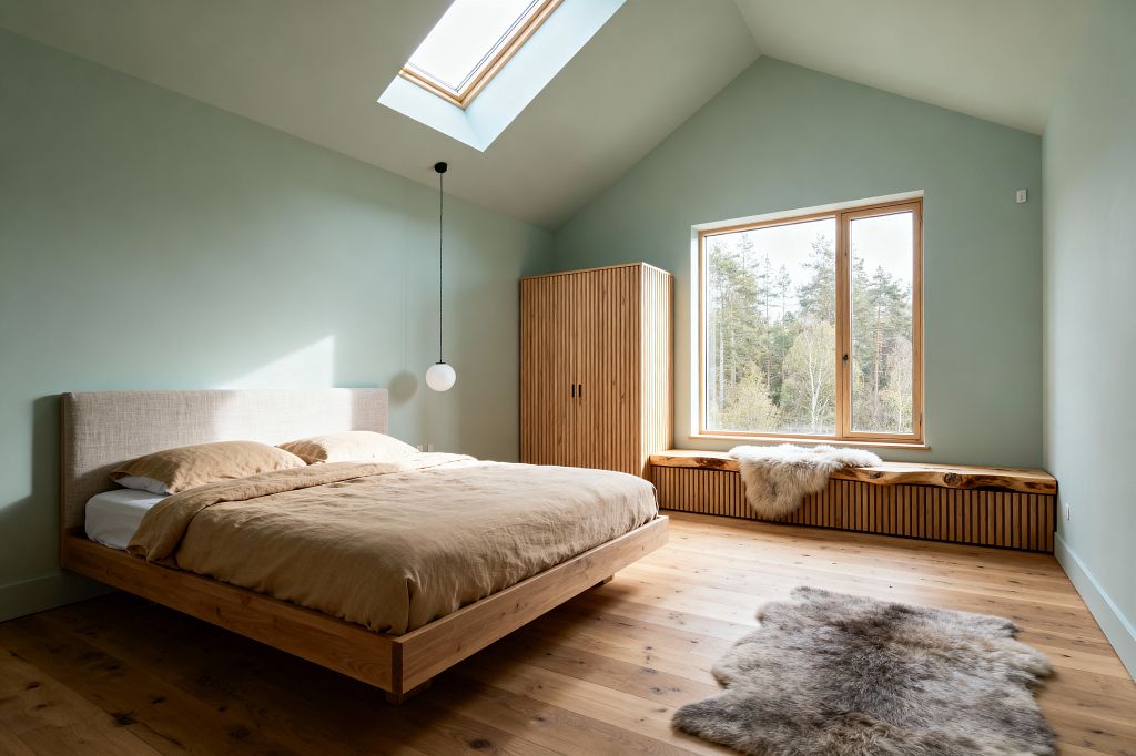 A minimalist Scandinavian bedroom with soft sage walls and a vaulted ceiling features a skylight and a large wood-framed window overlooking trees. The room includes a low oak platform bed with an oatmeal upholstered headboard and camel linen bedding, a white globe pendant on a black cord, a slatted oak wardrobe, and a long live-edge oak window bench with a sheepskin throw. Wide-plank oak floors and a small sheepskin rug reinforce the warm, natural palette.