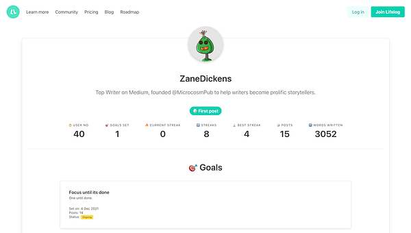 The image displays a user profile on the Lifelog platform for a writer named ZaneDickens.