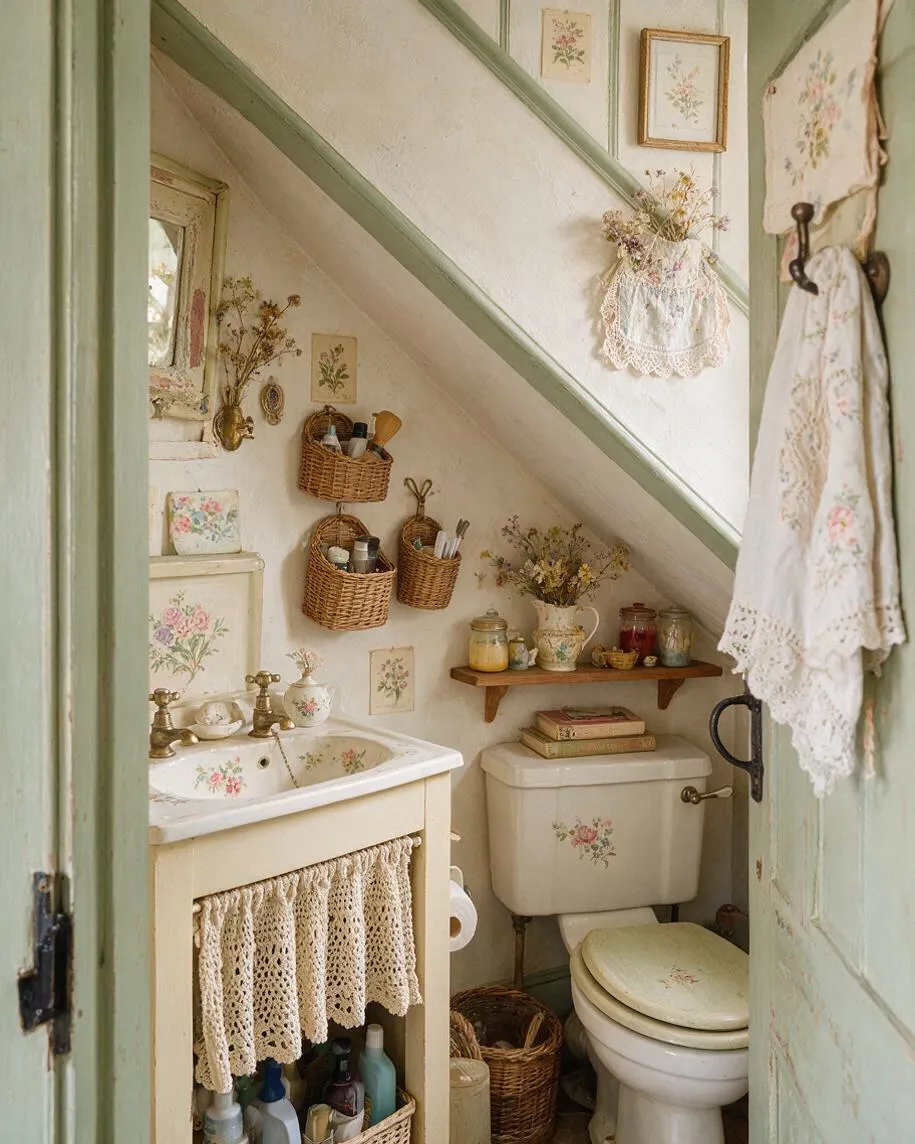 A cozy powder room tucked under a staircase, with cream walls, sage green trim, and vintage floral accents throughout. A small sink with brass fixtures, lace curtain, wicker baskets, porcelain jars, framed botanical prints, and a toilet with a floral seat cover create a romantic cottagecore feel.