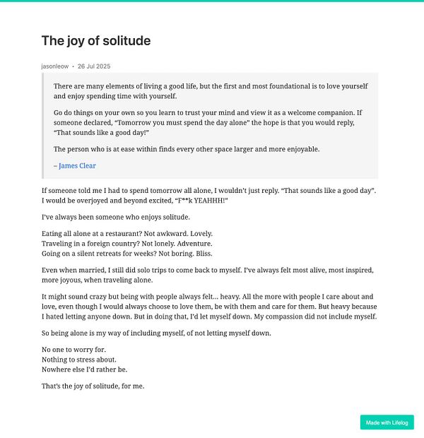 A reflective blog post about the joy of solitude, emphasizing self-love and personal experiences.