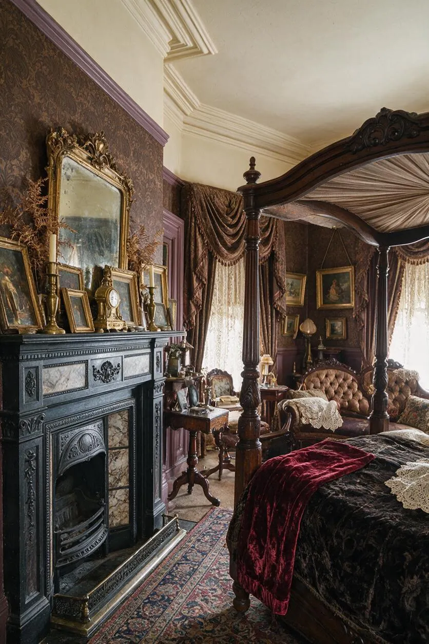 A richly decorated Victorian guest bedroom with a dark carved four-poster canopy bed, heavy draped curtains, patterned wallpaper, and an ornate black fireplace. The room includes gilded mirrors, framed artwork, tufted seating, lace accents, and a patterned rug in warm burgundy, brown, gold, and cream tones.