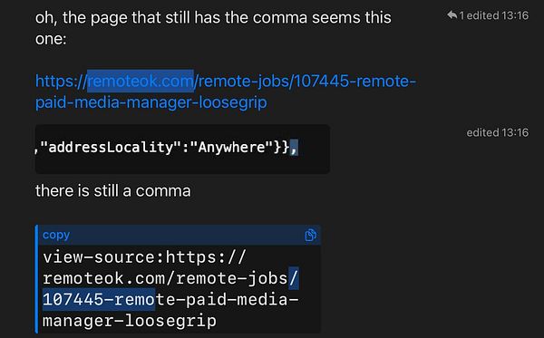 A screenshot of a messaging interface discussing a schema error related to a job posting.