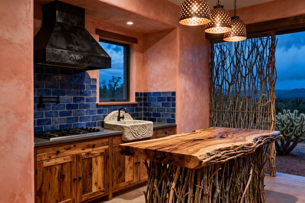 A Southwestern kitchen features terracotta plaster walls and a deep cobalt brick-tile backsplash with a blackened steel range hood and cooktop. Knotty wood cabinets sit beneath honed concrete counters and a carved stone farmhouse sink with a matte black faucet; a live-edge wood island stands on a base of bundled branches, perforated metal dome pendants cast warm light, and a window with a twig screen opens to a desert view at dusk.