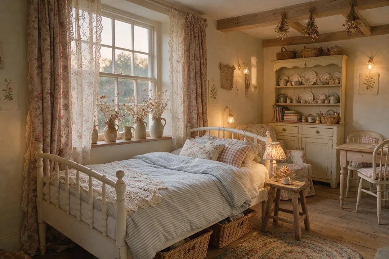 A warm cottagecore master bedroom with a painted white spindle bed dressed in striped bedding and lace details, floral curtains framing a large window, and dried flowers in pitchers on the sill. The room includes a cream hutch filled with dishes, rustic wood beams, wicker baskets, a small wooden side table with a lamp, and soft neutral walls with vintage decor.