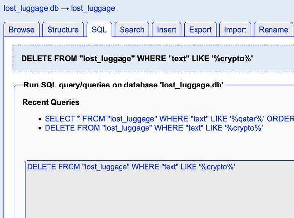 The image displays a SQL database interface showing recent queries related to a 'lost_luggage' database.