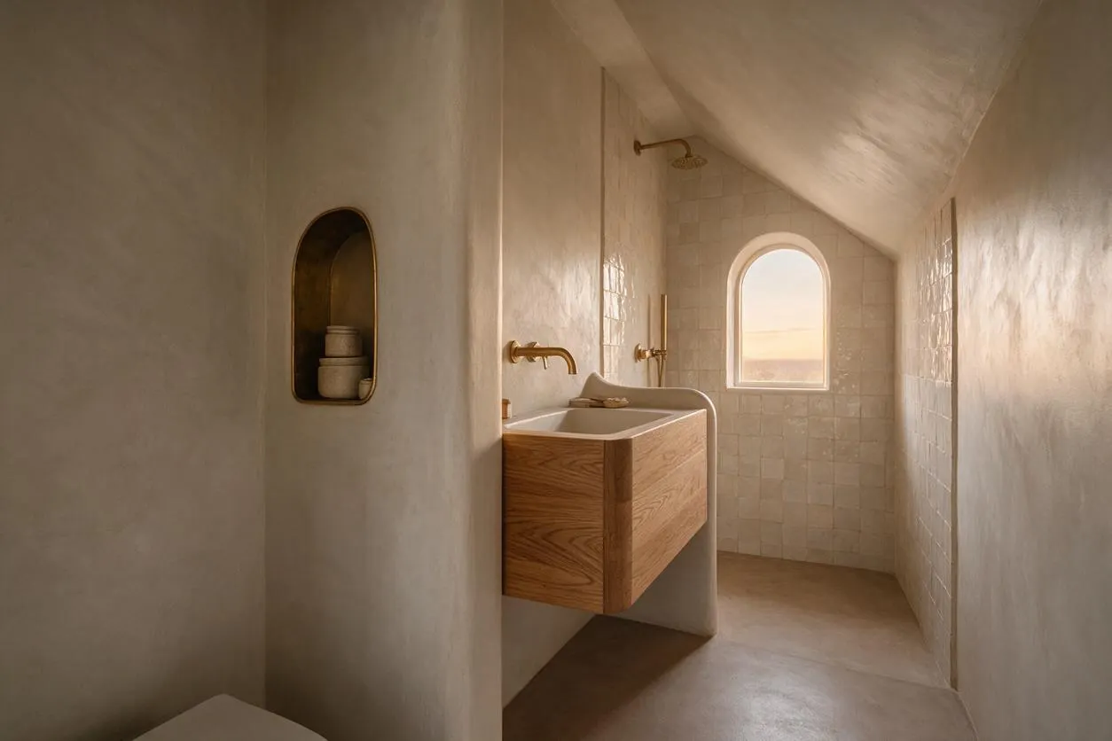 A serene master bathroom with sloped ceilings, creamy plaster walls, and a floating wood vanity with a stone sink basin. Brass fixtures and a small arched niche add warmth, while a tiled shower area and arched window bring in soft natural light.