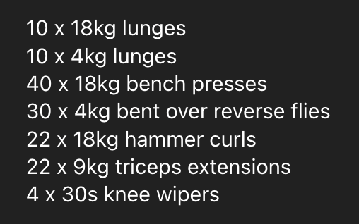 A workout routine is displayed in a list format on a dark background.