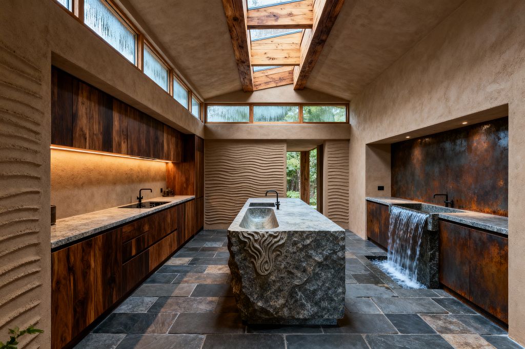 A long, symmetrical kitchen features a rough-hewn granite island with an integrated sink, dark walnut cabinets, stone counters, and slate flagstone floors. On the right a secondary sink forms a cascading waterfall into a recessed floor rill before a patinated steel backsplash, while raked plaster walls, clerestory windows, and timber-framed skylights fill the space with soft natural light and frame a view to the garden.