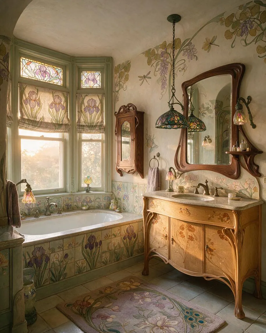 A master bathroom in Art Nouveau style with a bay window, stained-glass floral shades, and hand-painted floral wall and tub tiles. The room features a carved wood vanity with a marble countertop, an ornate wood-framed mirror, soft green trim, and warm daylight filling the space.