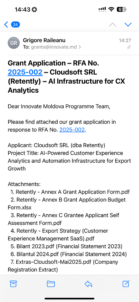 An email detailing a grant application for Cloudsoft SRL (Retently) with multiple attachments.