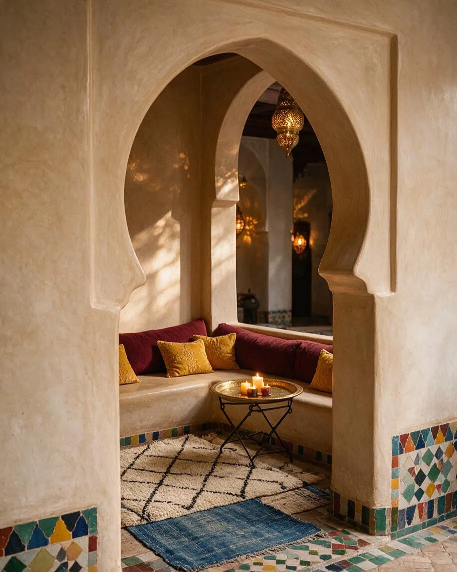 A cozy Moroccan-style seating nook framed by a large carved horseshoe arch and plaster walls. An L-shaped built-in bench holds burgundy and mustard cushions, with a small round metal table and candles on patterned rugs below.