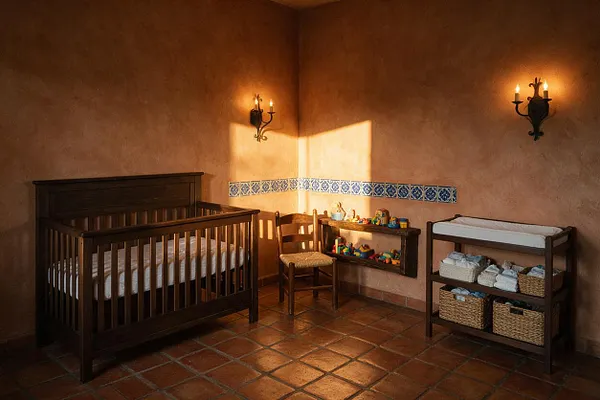 A Mediterranean-style nursery with terracotta tile floors, textured peach plaster walls, and blue patterned tile trim. The room includes a dark wood crib on the left, a small wooden chair and wall shelf with toys in the center, and a changing table with woven storage baskets on the right, all lit by warm wall sconces.