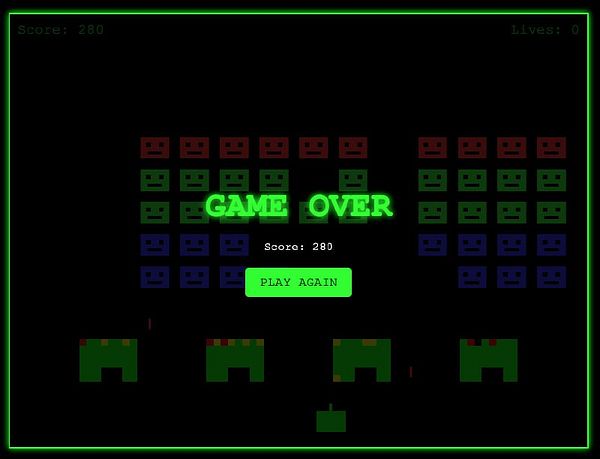 The image displays a 'Game Over' screen from a Space Invaders-style game.