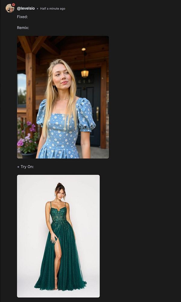 The image features two fashion looks side by side, showcasing a model in a blue dress and another in a green gown.