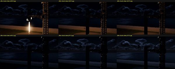 A sequence of images captures a rocket launch and booster descent near a launch tower at night.