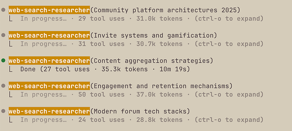 The image displays a task management interface showing various research topics with their progress status and token usage.