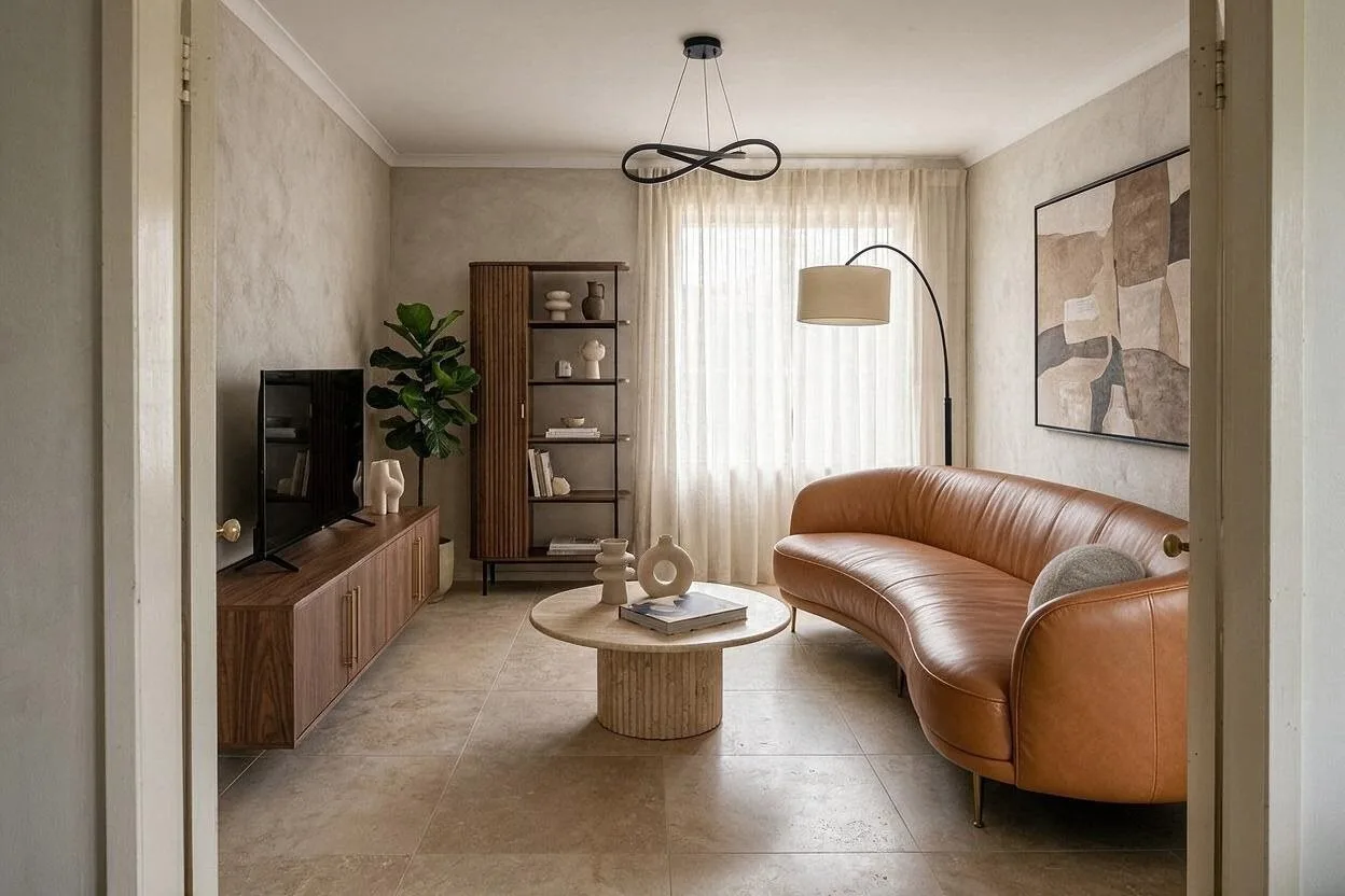 The same Modern living room in the Greige and Cognac palette: greige, cognac leather, walnut, warm gray, and black