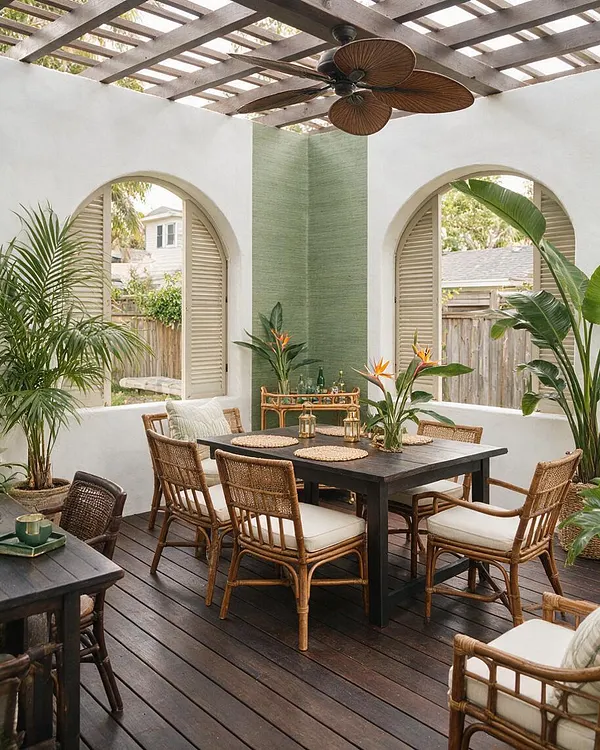 A covered backyard dining area with a dark wood deck, a black rectangular table, and woven rattan chairs with light cushions. White stucco walls, arched openings with shutters, lush tropical plants, and a pergola overhead with a large ceiling fan create a breezy resort-like feel.