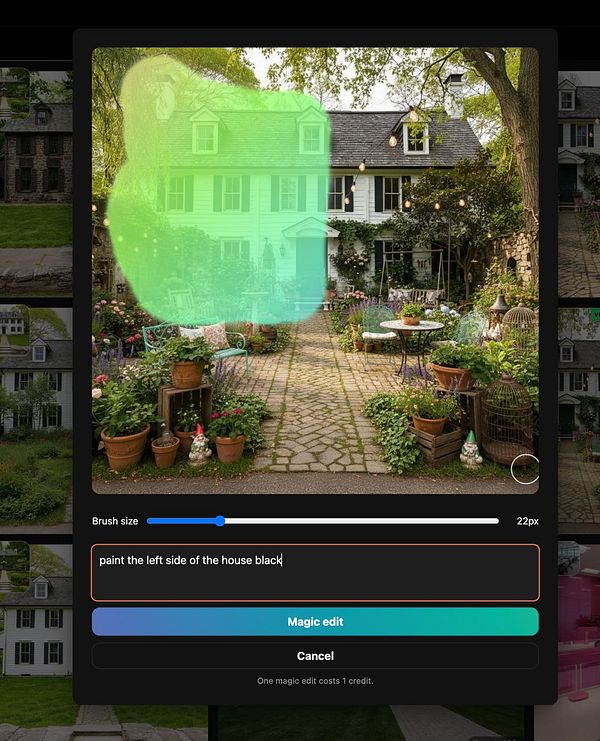 A digital editing interface displays a garden scene with a house, featuring a brush tool for editing.