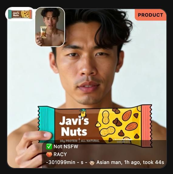 A man holds a protein bar labeled 'Javi's Nuts' while posing for a product photo.