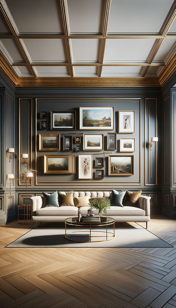 A sophisticated living room with high ceilings, featuring a golden gallery rail running along the upper part of the walls, adorned with framed paintings and photographs.