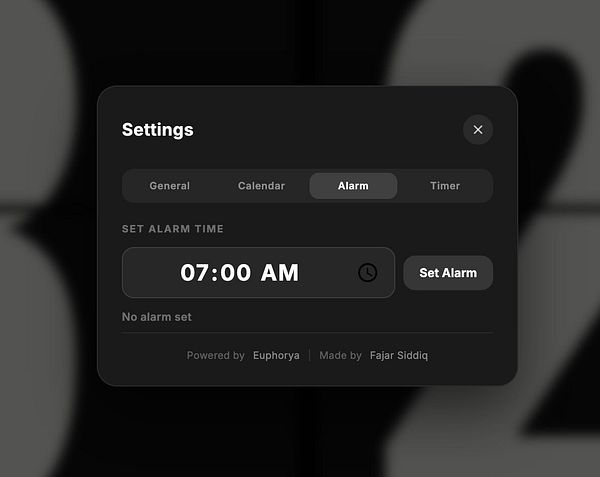 Screenshot of a clock display interface showing time, date, and weather with visible settings gear icon in the top right corner.