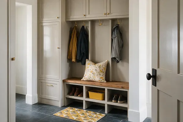 A compact eclectic entryway with built-in taupe cabinetry, brass hooks, and a wood bench seat. Jackets hang above cubbies holding shoes and a yellow bin, while a floral cushion and patterned rug add warmth and color.
