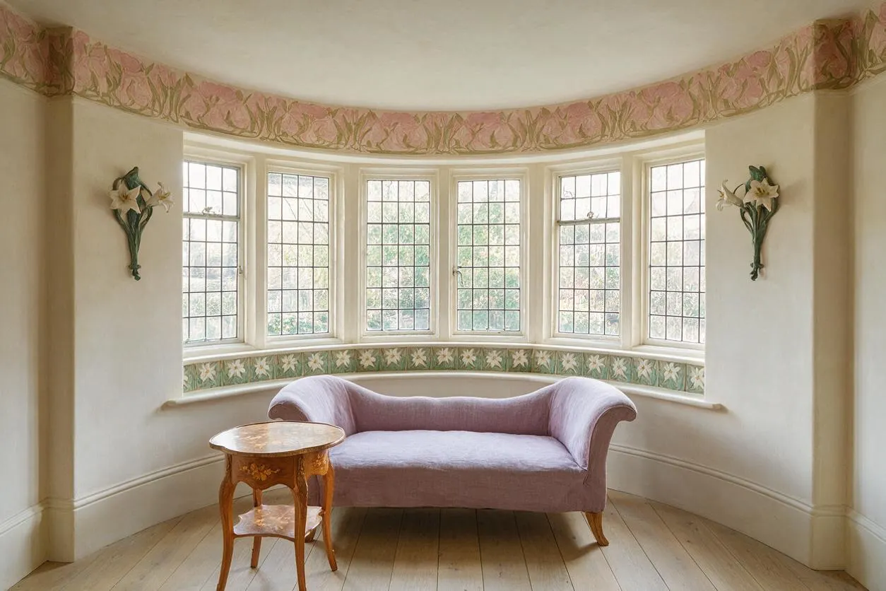 A bright sunroom with a curved bay of leaded glass windows, cream walls, and Art Nouveau floral friezes near the ceiling and below the windows. A lavender upholstered settee and a small carved wooden side table sit on pale wood flooring, with decorative floral wall sconces on both sides.