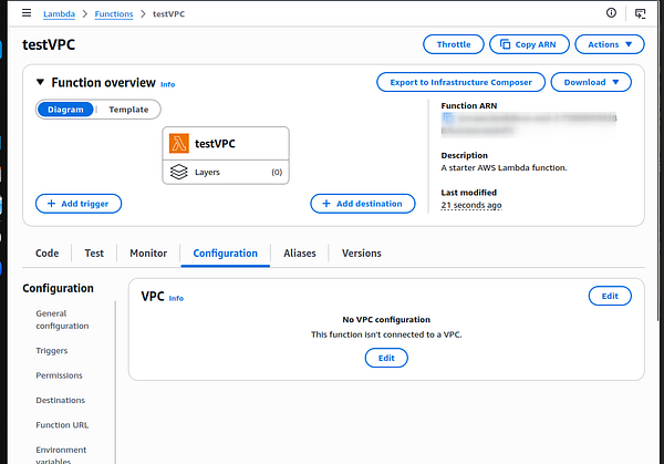 AWS Lambda configuration interface showing VPC settings with no VPC selected and a helpful warning message.