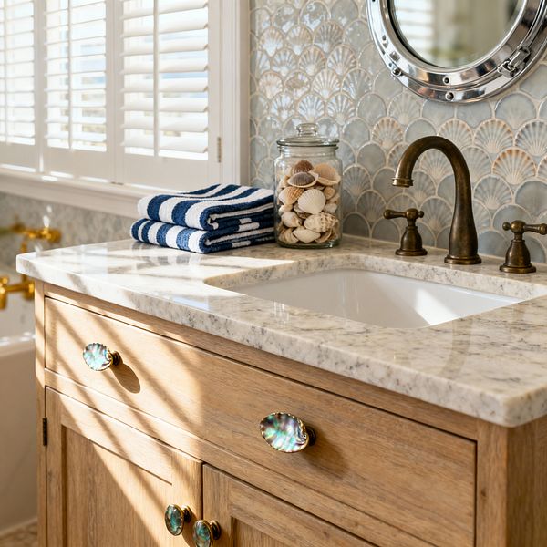 A coastal-style laundry sink area with a light oak cabinet, speckled light-gray stone countertop, and a white undermount basin. An aged-brass widespread faucet sits before a sea-glass scallop tile backsplash beneath a round porthole-style mirror, while sunlight filters through white plantation shutters. Navy-and-white striped towels and a glass jar of seashells sit on the counter, and abalone shell knobs accent the cabinet.